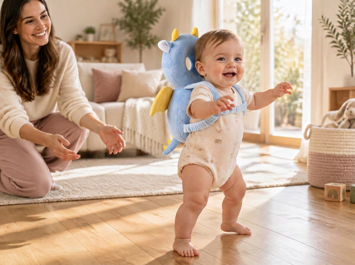 Baby taking first steps on a hardwood floor wearing a soft head protector